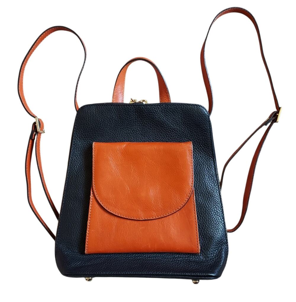 Divina Firenze Pebbled Italian Leather Convertible Backpack Purse Black Orange